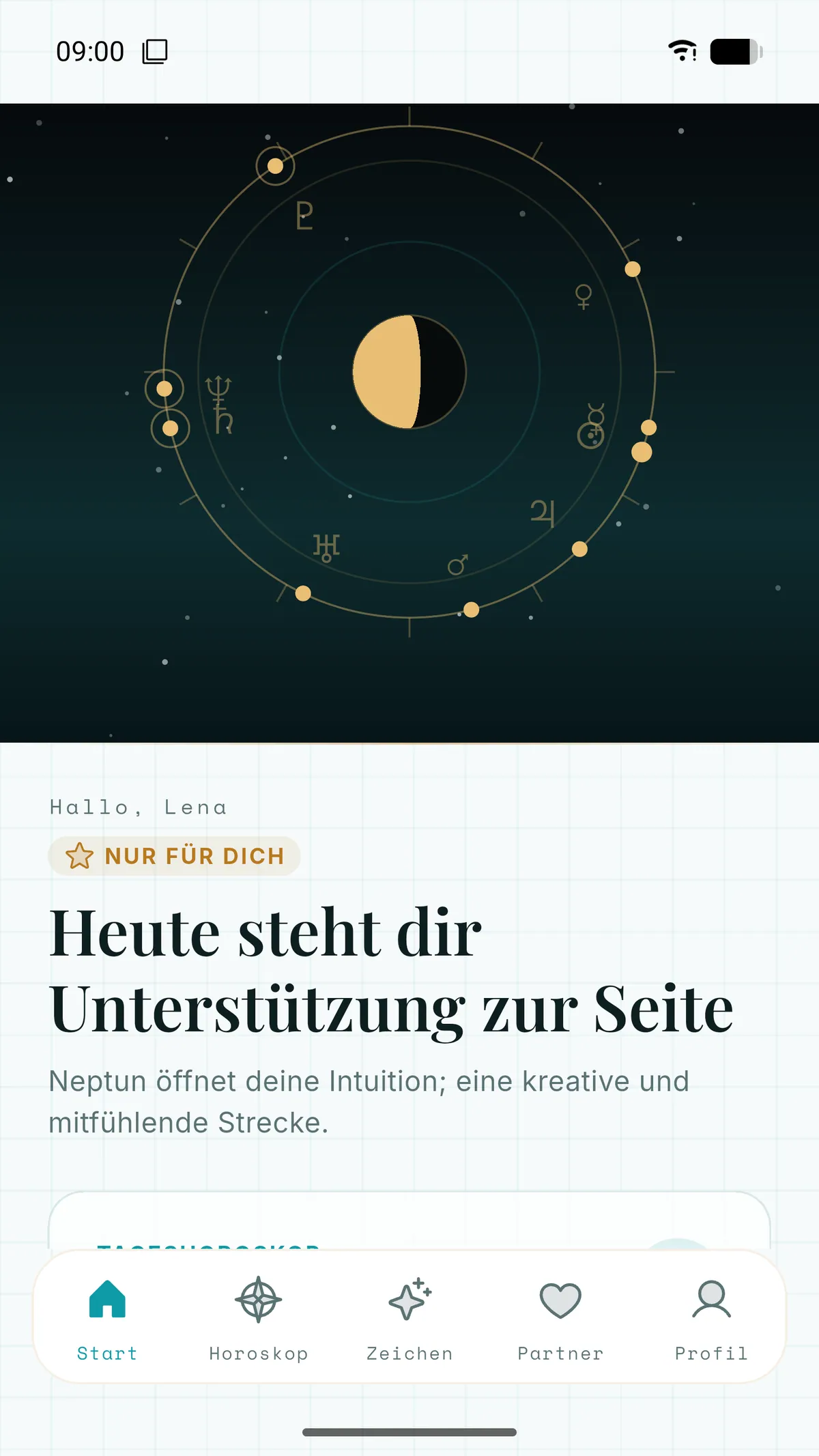 Startbildschirm der Spatyom-App: Geburtshoroskop-Rad und tägliche Sternzeichen-Deutung
