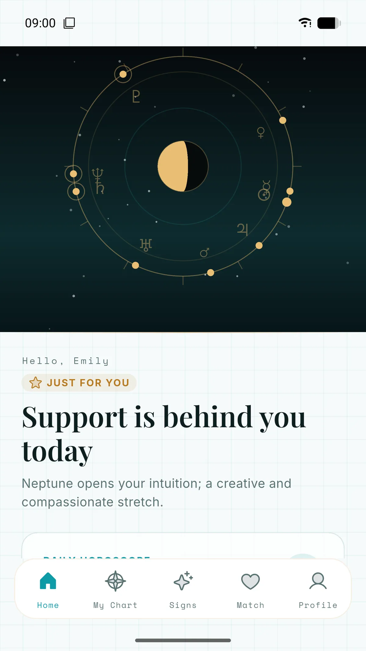 Spatyom app home screen: birth chart wheel and daily zodiac reading