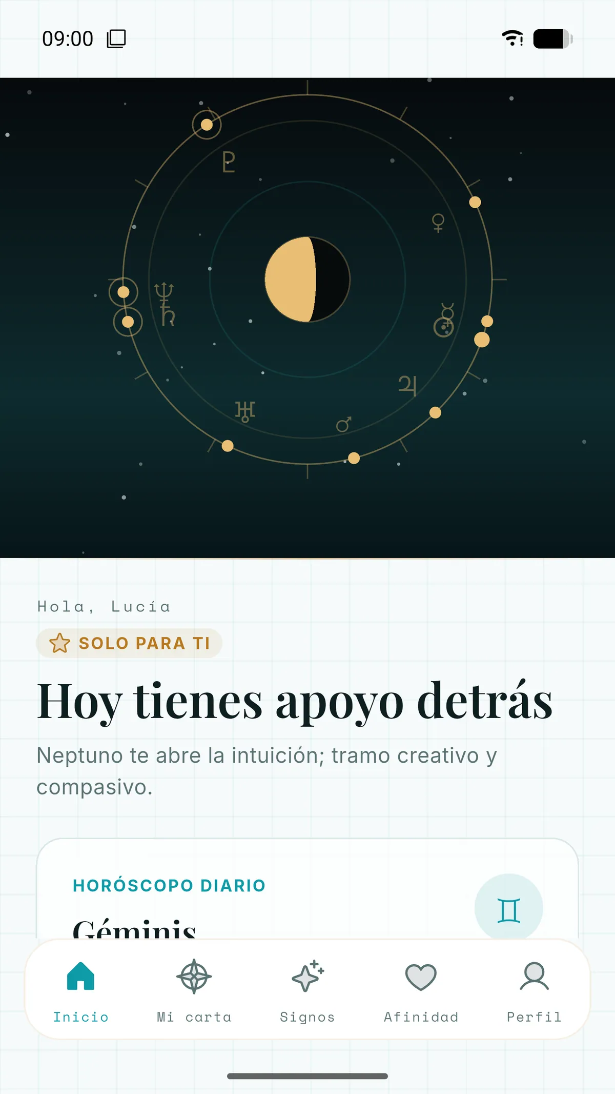 Pantalla de inicio de la app Spatyom: rueda de la carta natal y lectura diaria del signo