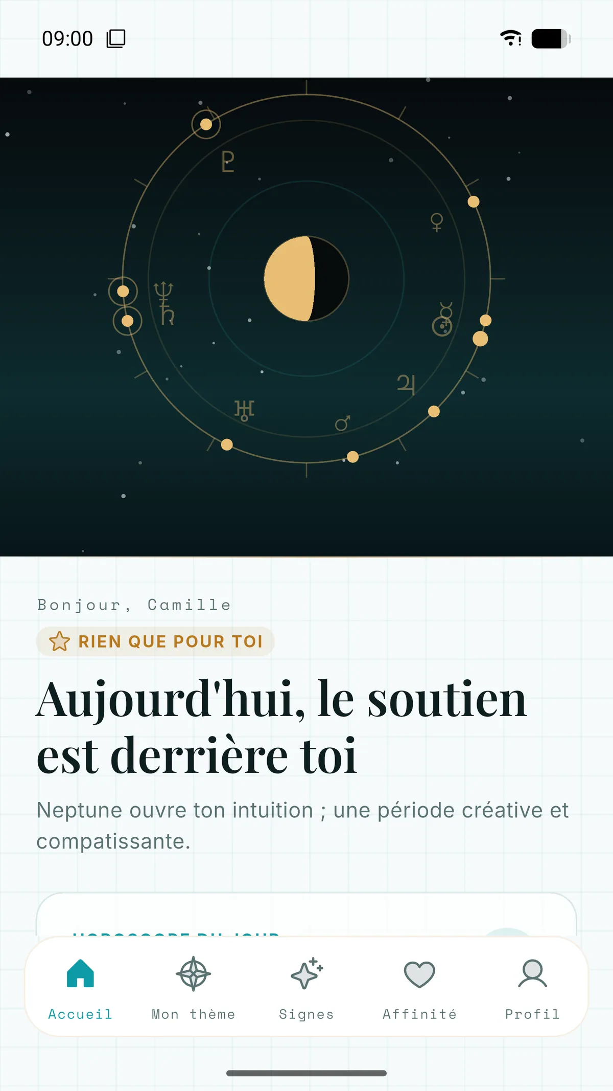 Écran d’accueil de l’application Spatyom : roue du thème astral et lecture quotidienne du signe