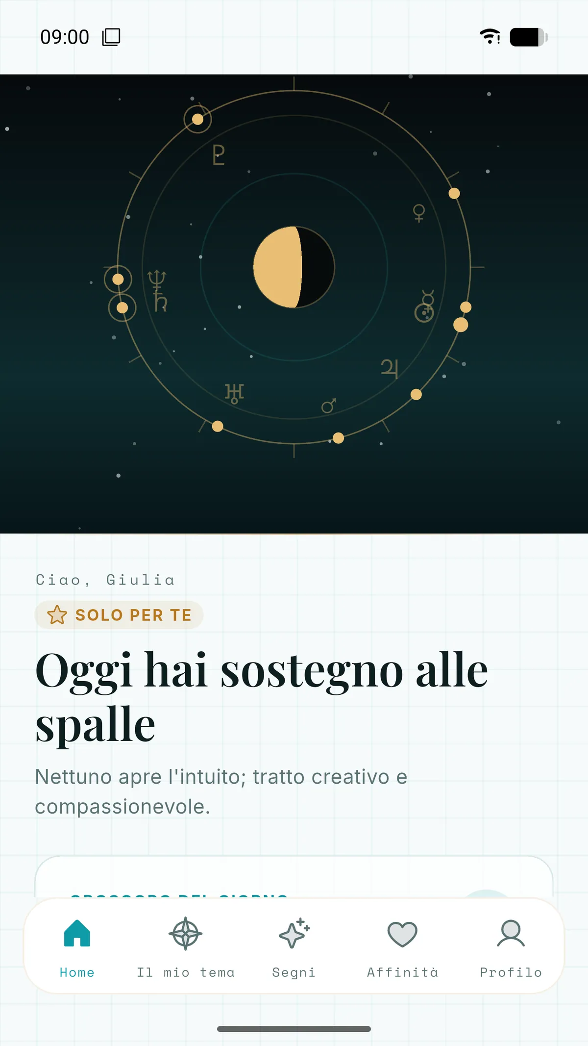 Schermata iniziale dell’app Spatyom: ruota del tema natale e lettura quotidiana del segno
