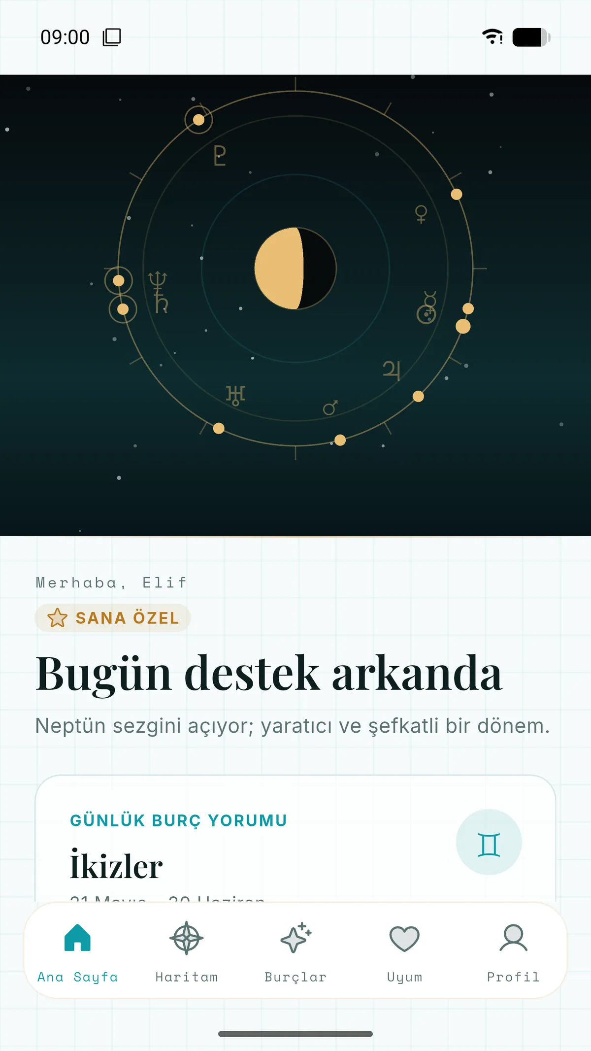 Spatyom uygulamasının ana ekranı: doğum haritası çarkı ve günlük burç yorumu